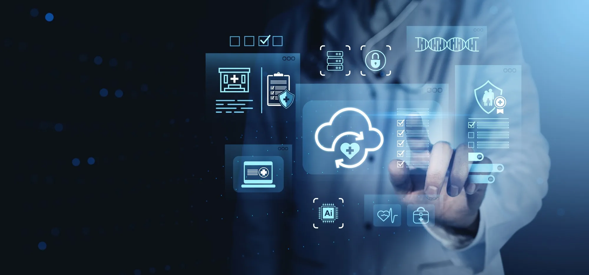 Hand im Arztkittel bedient eine digitale Oberfläche mit Cloud-, Video- und Gesundheitssymbolen